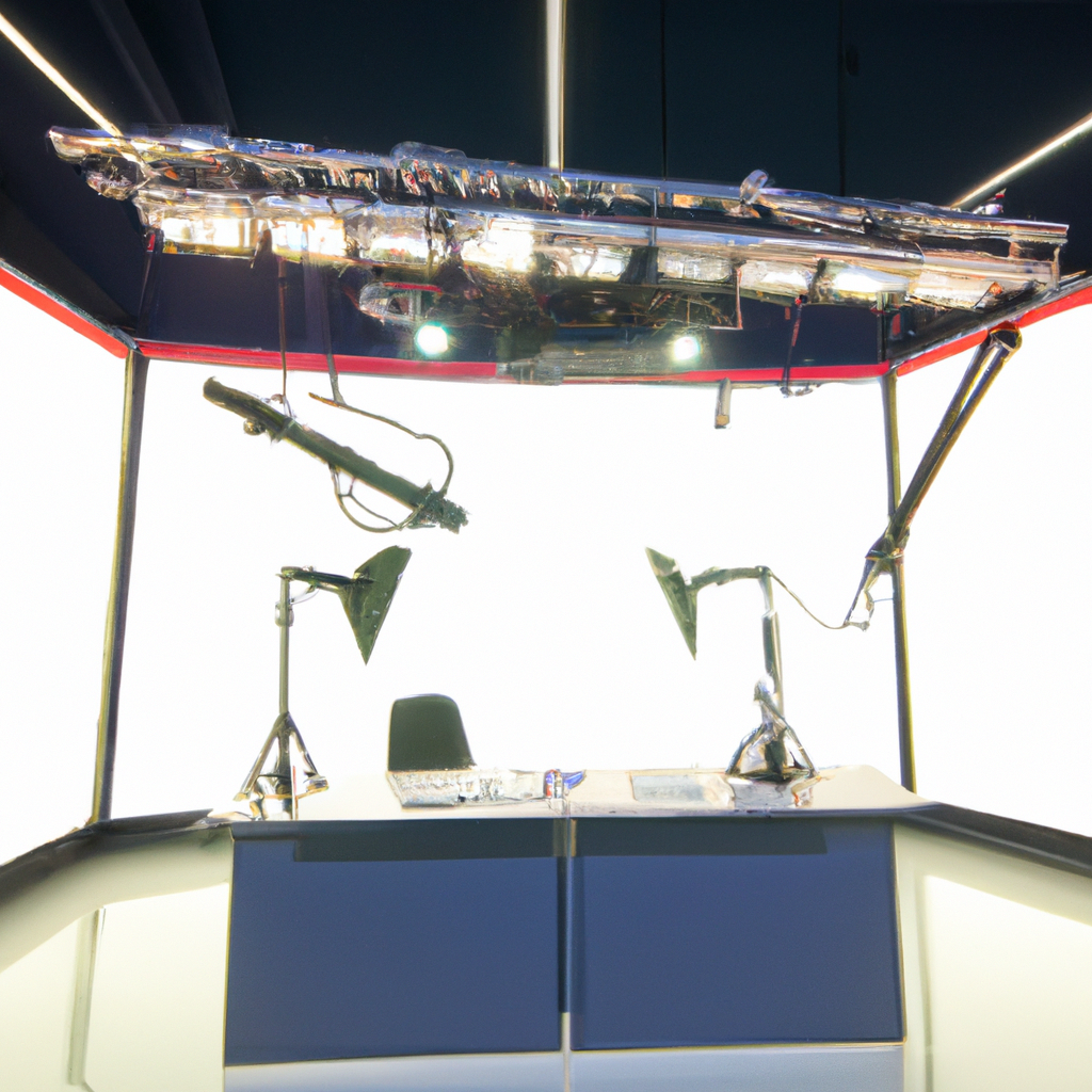 Minimalist news studio with lights and desk